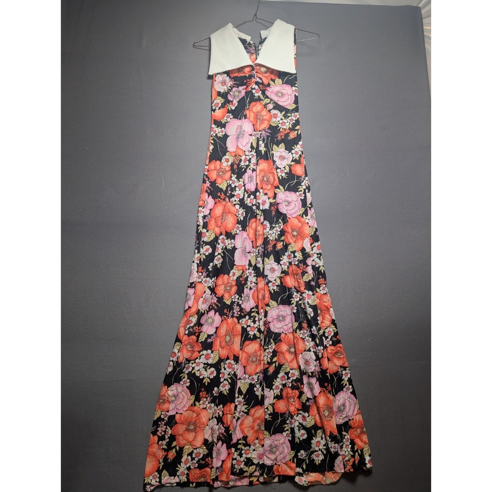 Vintage Allegro New York Maxi Dress Womens 7 Pink Orange Floral Pilgrim Collar